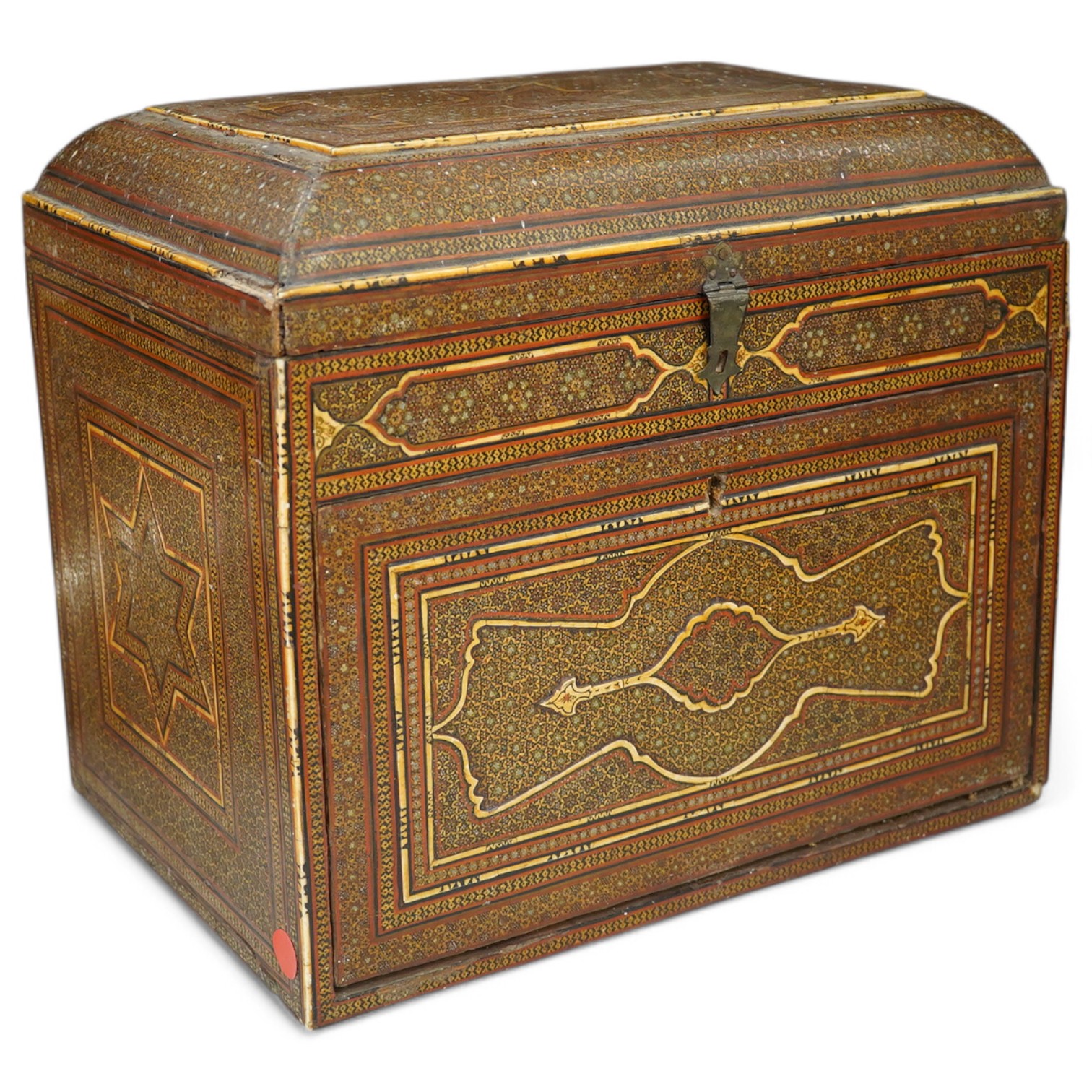 A 19th century Shiraz Eastern inlaid table cabinet, 36cm wide, 32cm high. Condition - damage to front corner edge of stringing, one side has small crack and top stringing one side missing.